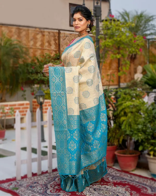 Vibrant_Banarasi_Kashmiri_Modal_Silk_Saree_Cream_&_Blue