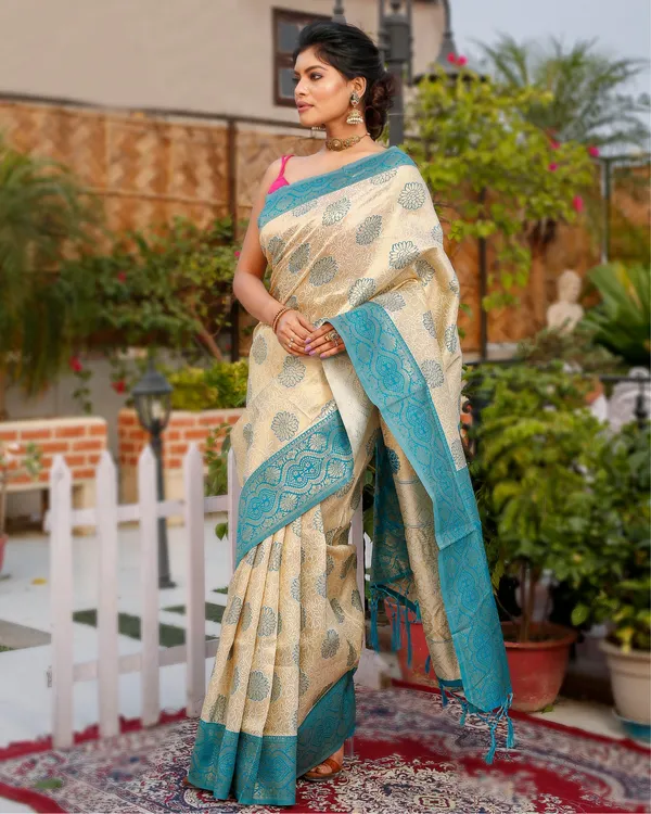 Vibrant_Banarasi_Kashmiri_Modal_Silk_Saree_Cream_&_Blue