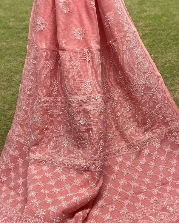 Rosy_Chikankari_Kota_Doria_Saree_Peach_Handcrafted
