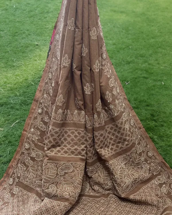 Rich_Chikankari_Kota_Doria_Saree_Brown_Handcrafted