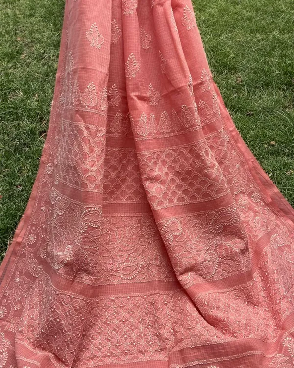 Apricot_Chikankari_Kota_Doria_Saree_Peach_Handcrafted