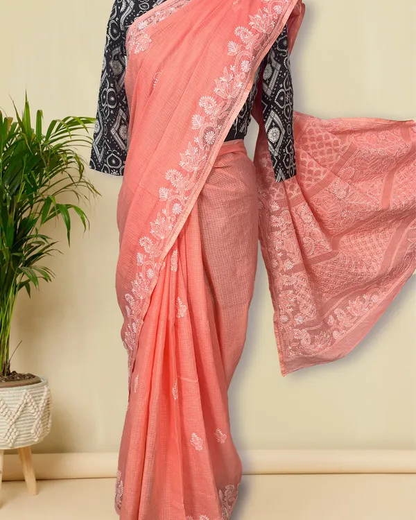 Apricot_Chikankari_Kota_Doria_Saree_Peach_Handcrafted