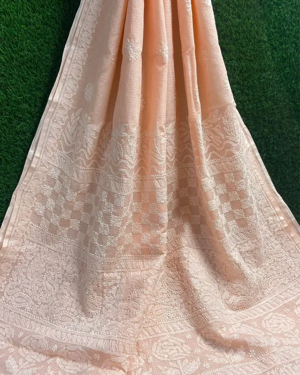 Peachy_Chikankari_Kota_Doria_Saree_Peach_Handcrafted