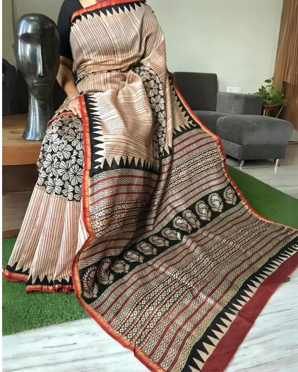 Kalamkari_Chanderi_Silk_Saree_Peach_Blockprinted