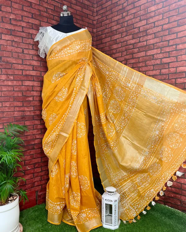 Golden_Slub_Linen_Wax_Batik_Hand_Dyed_Saree_Mustard_Yellow