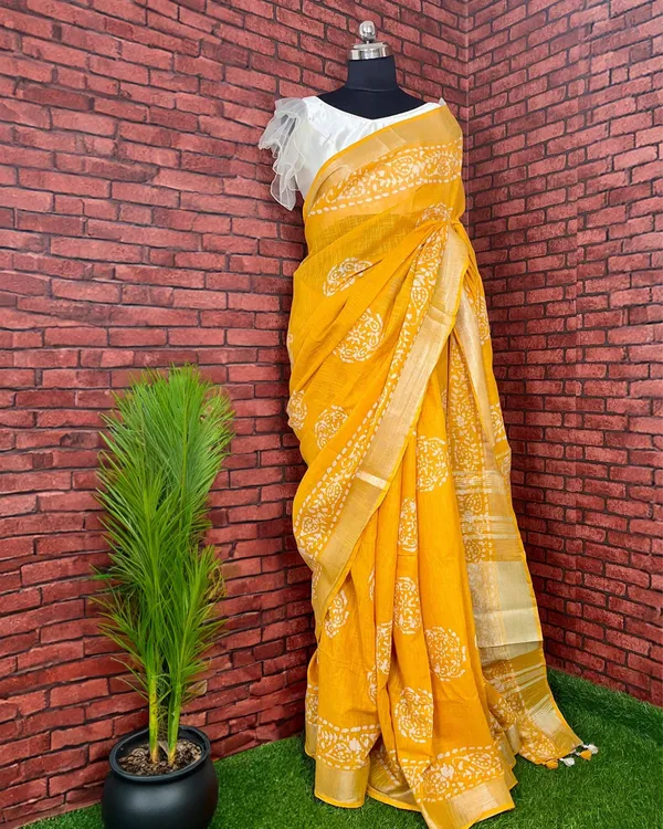 Golden_Slub_Linen_Wax_Batik_Hand_Dyed_Saree_Mustard_Yellow