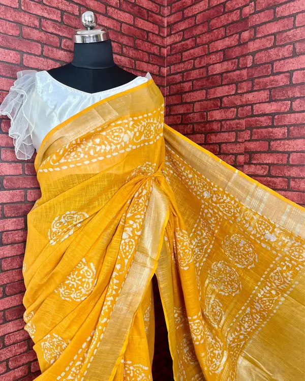 Golden_Slub_Linen_Wax_Batik_Hand_Dyed_Saree_Mustard_Yellow