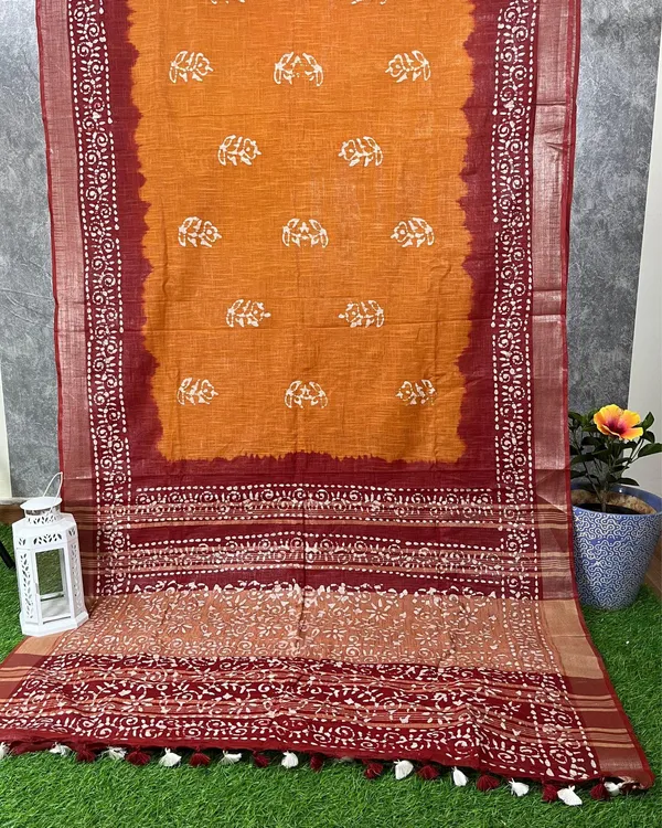 Bold_Mustard_Maroon_Wax_Batik_Hand_Dyed_Slub_Linen_Saree