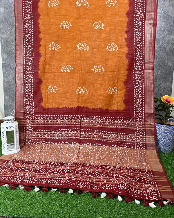 Bold_Mustard_Maroon_Wax_Batik_Hand_Dyed_Slub_Linen_Saree