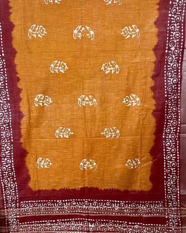 Bold_Mustard_Maroon_Wax_Batik_Hand_Dyed_Slub_Linen_Saree