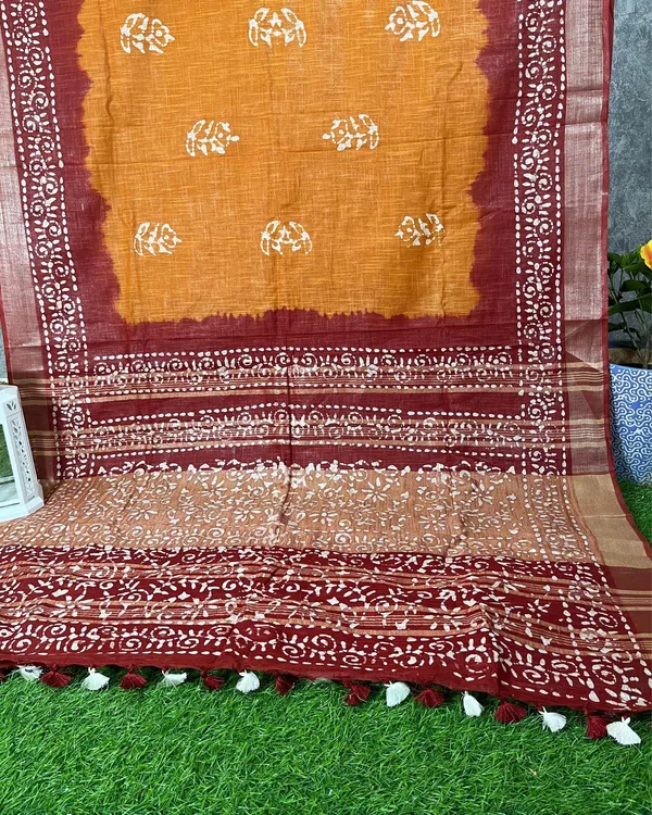 Bold_Mustard_Maroon_Wax_Batik_Hand_Dyed_Slub_Linen_Saree