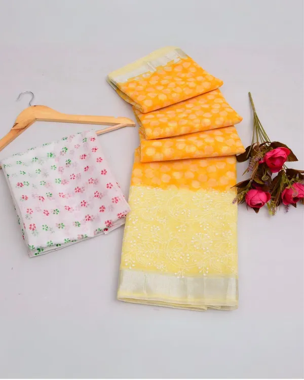 Blockprinted_Kota_Doria_Textured_Yellow_Emroidered_Saree