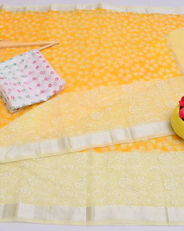 Blockprinted_Kota_Doria_Textured_Yellow_Emroidered_Saree
