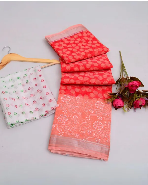 Blockprinted_Kota_Doria_Dazzling_Red_Emroidered_Saree