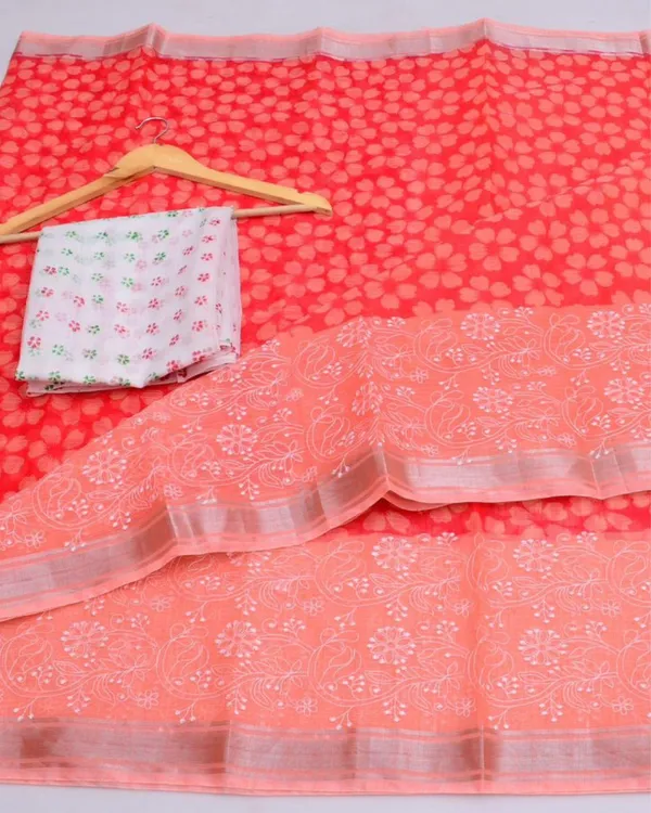 Blockprinted_Kota_Doria_Dazzling_Red_Emroidered_Saree