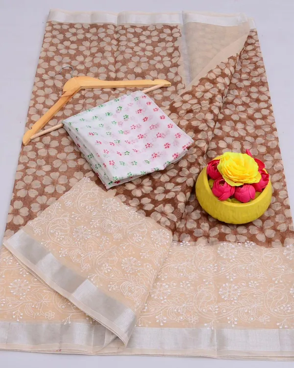 Blockprinted_Kota_Doria_Artistic_Brown_Emroidered_Saree