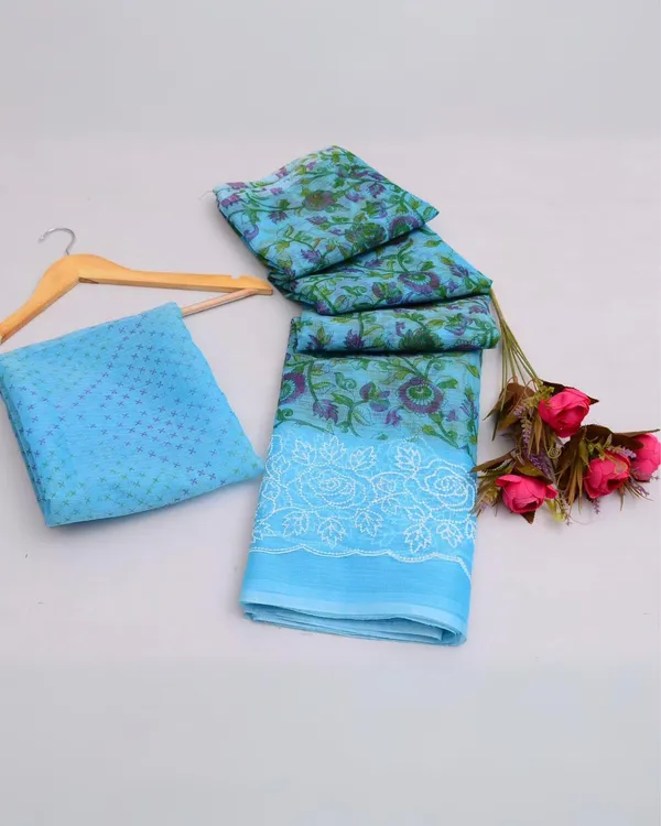 Blockprinted_Kota_Doria_Timeless_Blue_Emroidered_Saree