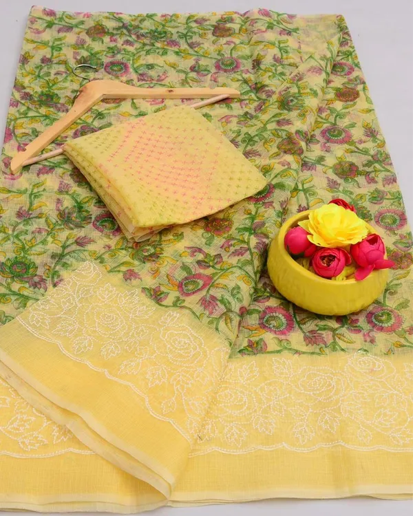 Blockprinted_Kota_Doria_Luminous_Yellow_Emroidered_Saree