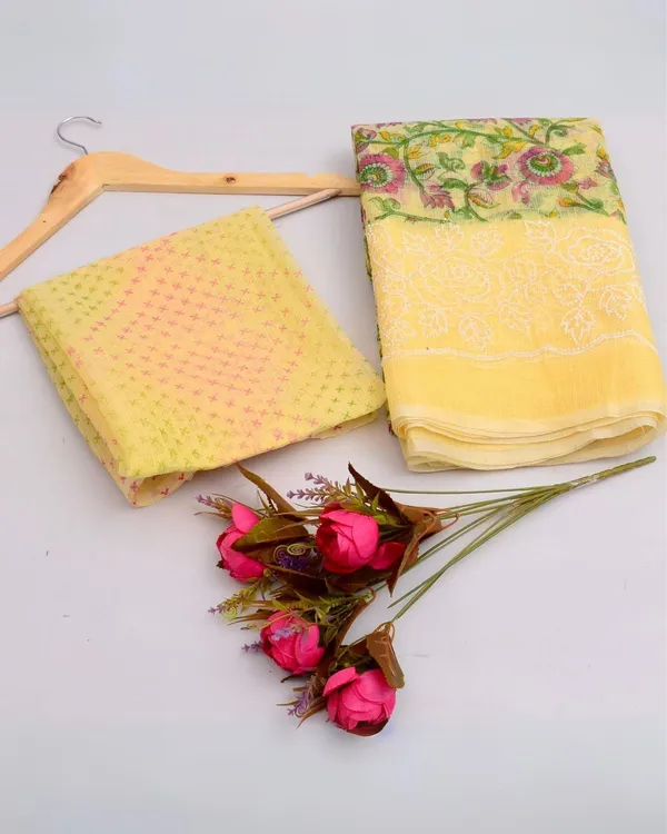 Blockprinted_Kota_Doria_Luminous_Yellow_Emroidered_Saree