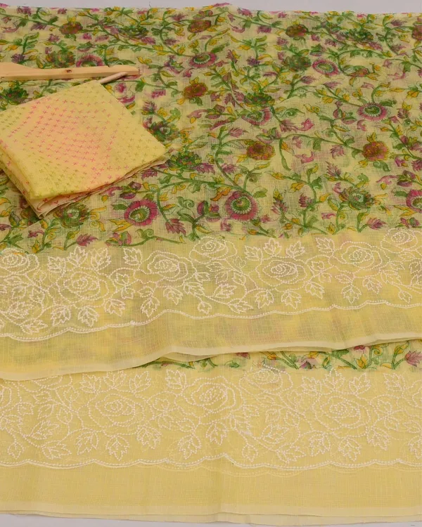 Blockprinted_Kota_Doria_Luminous_Yellow_Emroidered_Saree