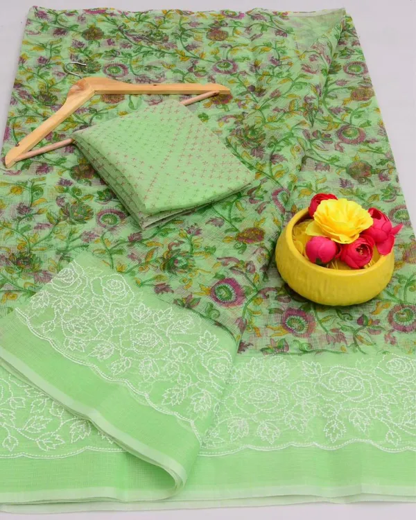 Blockprinted_Kota_Doria_Striking_Green_Emroidered_Saree