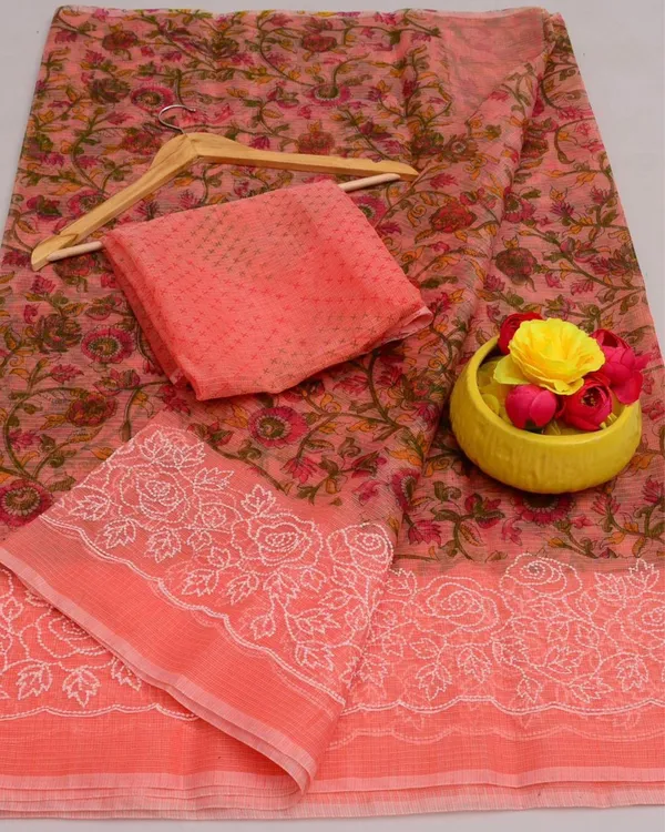 Blockprinted_Kota_Doria_Blushing_Peach_Emroidered_Saree
