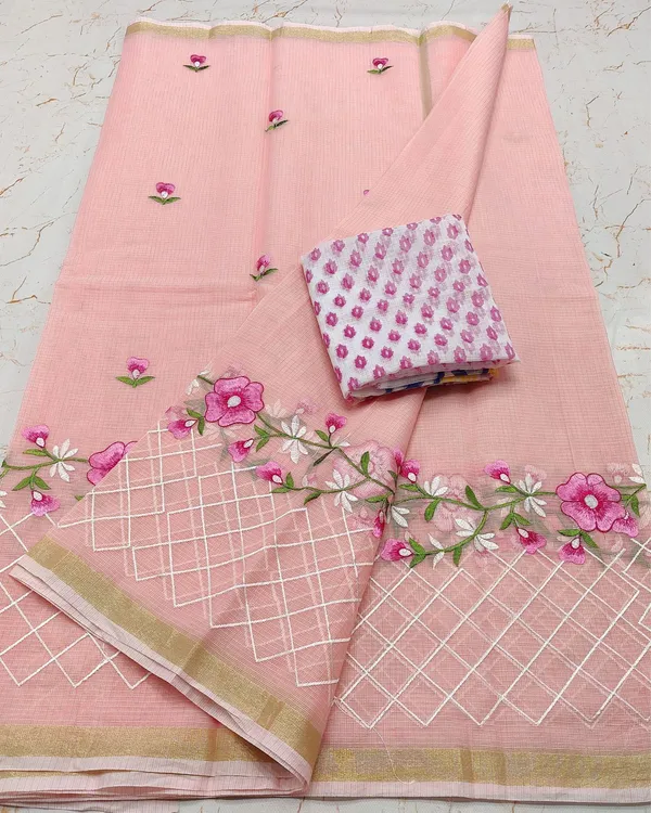 Ethereal_Peach_Kota_Doria_Cotton_Floral_Embroidery_Saree