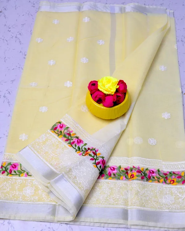 Lustrous_Yellow_Kota_Doria_Cotton_Floral_Embroidery_Saree