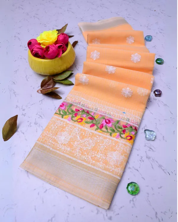 Eclipsing_Orange_Kota_Doria_Cotton_Floral_Embroidery_Saree