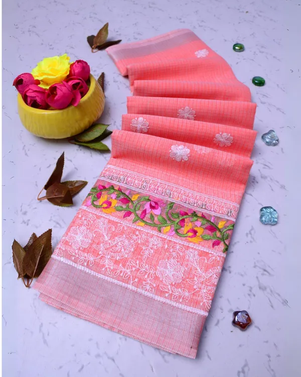 Exquisite_Pink_Kota_Doria_Cotton_Floral_Embroidery_Saree