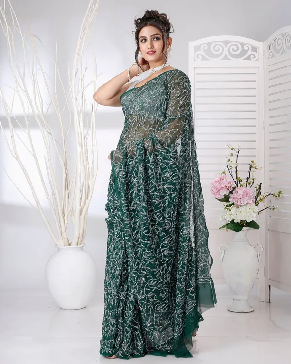 Tepchi_Handwork_Georgette_Saree_Dark_Green