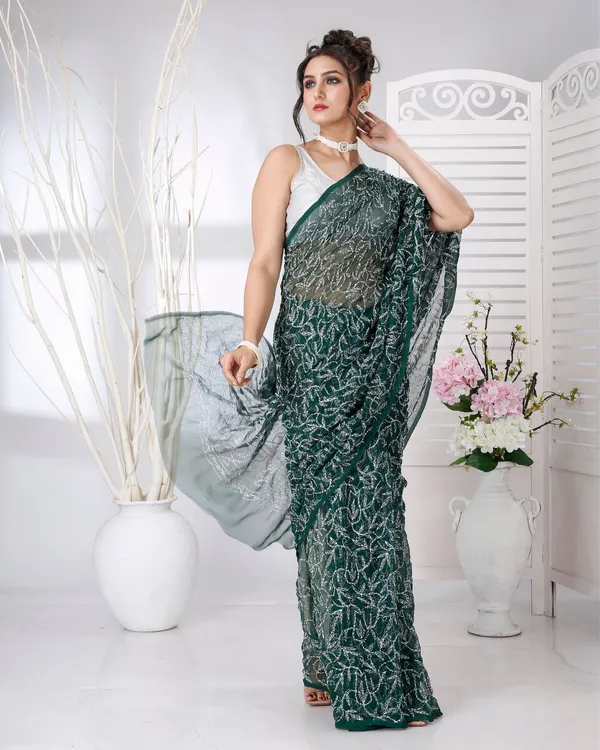 Tepchi_Handwork_Georgette_Saree_Dark_Green