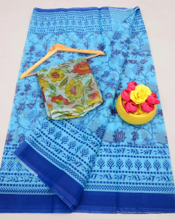 Kalam_Dawat_Calm_Sky_Blue_Kota_Doria_Kalamkari_Saree
