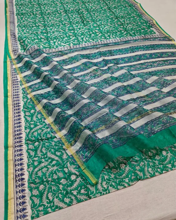 Whispering_Petals_Blockprint_Chanderi_Silk_Saree_Teal_Green