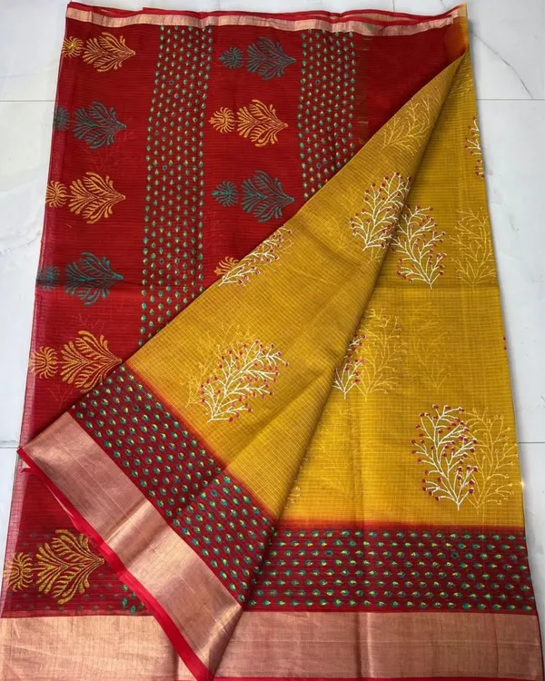 Craft_Couture_Blockprinted_Kota_Doria_Mustard_Yellow_&_Red_Saree