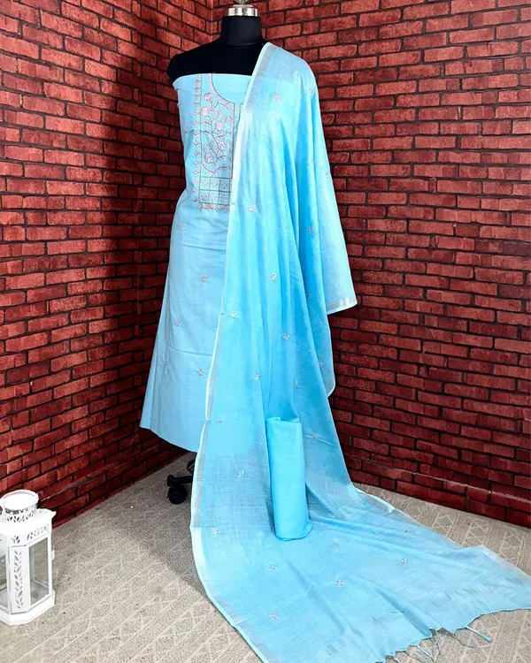 Gulmohar_Slub_Linen_Aqua_Blue_Unstitched_Suit