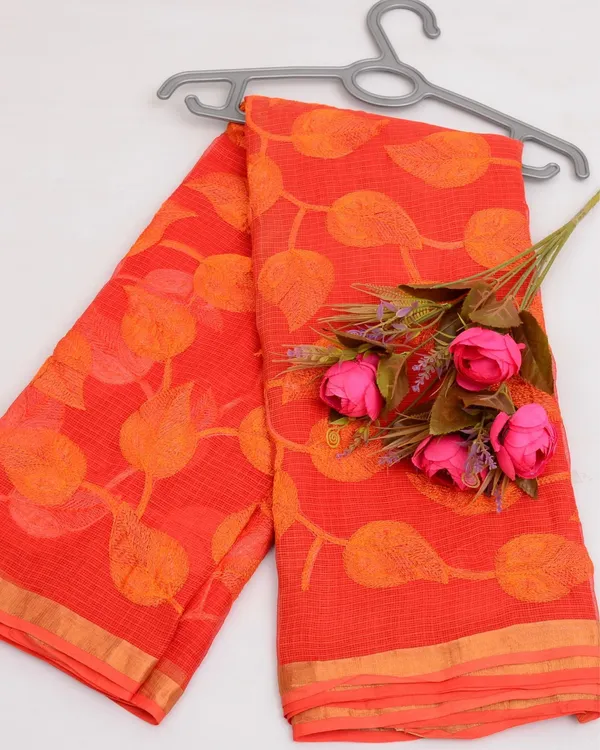 Pankhudi_Kota_Doria_Bold_Orange_Saree_Embroidered