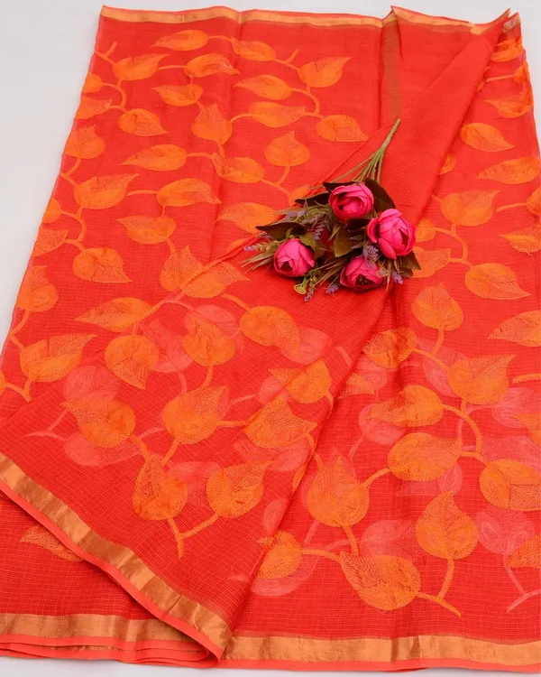 Pankhudi_Kota_Doria_Bold_Orange_Saree_Embroidered