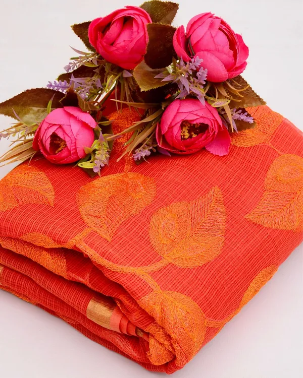 Pankhudi_Kota_Doria_Bold_Orange_Saree_Embroidered