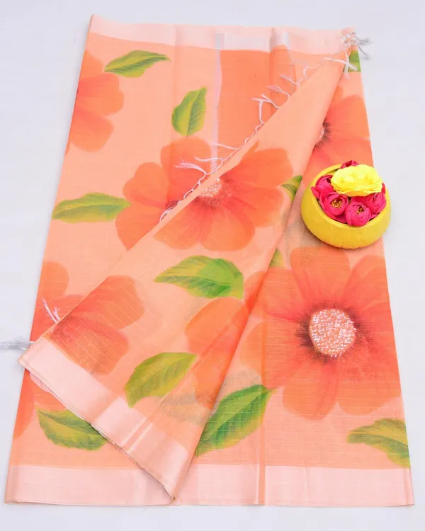 Chitralekha_Hand_Painted_Kota_Linen_Bright_Orange_Saree