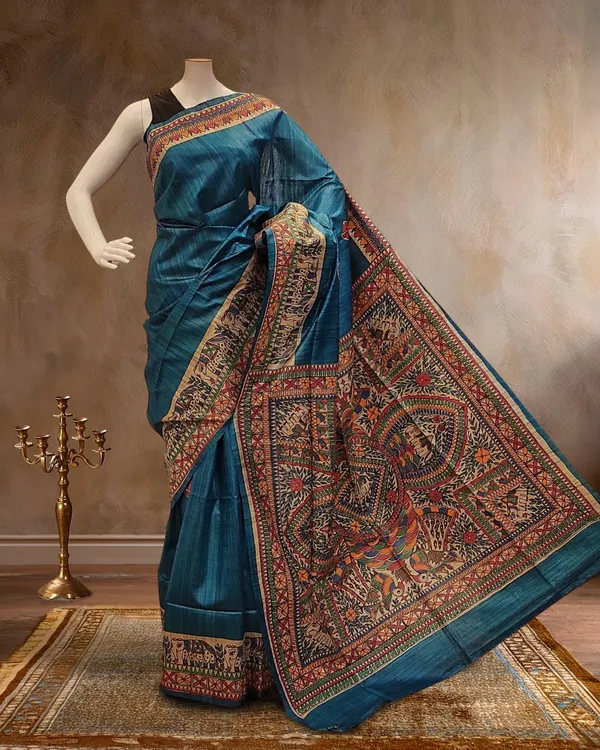 Madhubani_Silkmark_Gicha_Tussar_Silk_Calm_Blue_Saree