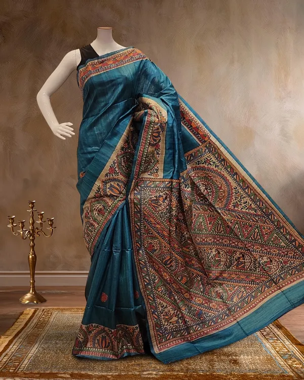 Madhubani_Silkmark_Gicha_Tussar_Silk_Deep_Blue_Saree