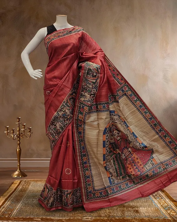 Madhubani_Silkmark_Gicha_Tussar_Silk_Brick_Red_Saree
