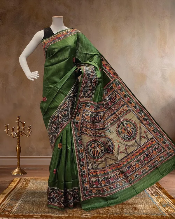 Madhubani_Silkmark_Gicha_Tussar_Silk_Mehandi_Green_Saree