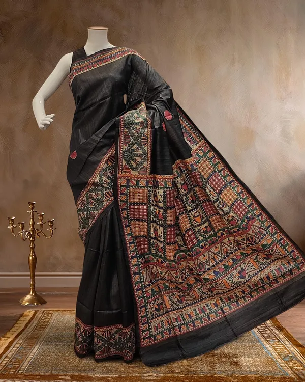Madhubani_Silkmark_Gicha_Tussar_Silk_Sleek_Black_Saree
