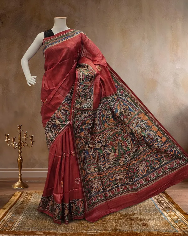 Madhubani_Silkmark_Gicha_Tussar_Silk_Bold_Red_Saree