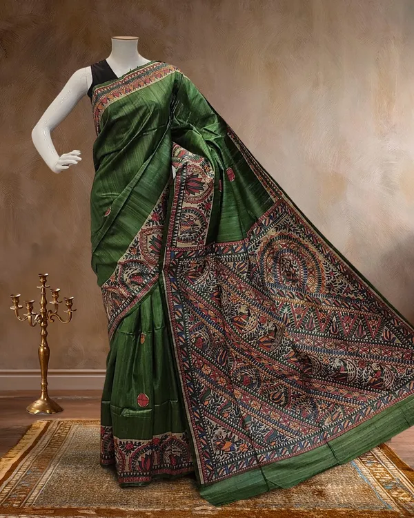 Madhubani_Silkmark_Gicha_Tussar_Silk_Lush_Green_Saree