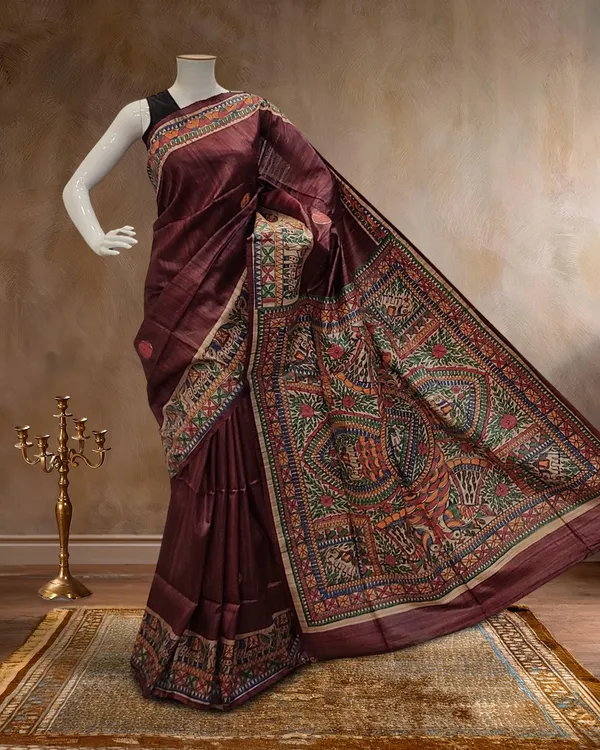 Madhubani_Silkmark_Gicha_Tussar_Silk_Plum_Wine_Saree