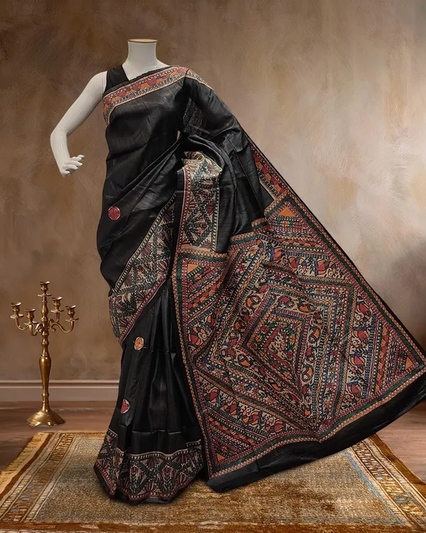 Madhubani_Silkmark_Gicha_Tussar_Silk_Jet_Black_Saree