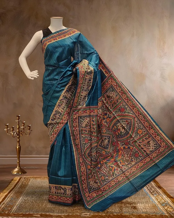 Madhubani_Silkmark_Gicha_Tussar_Silk_Serene_Blue_Saree